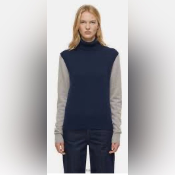 CLOSED Navy and Gray Colorblock Women's Cashmere Turtleneck Sweater - Picture 1 of 8